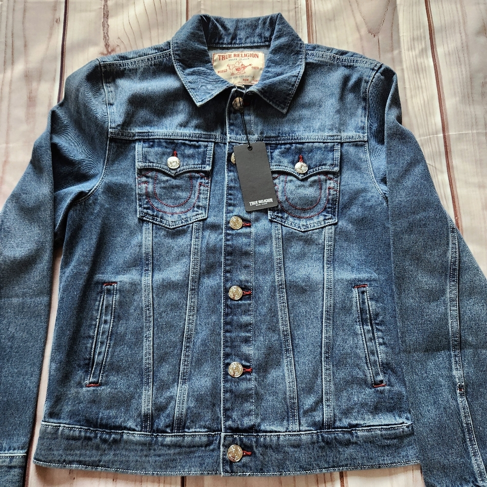 NWT True Religion "Jesse SN Trucker Jacket" Storm Wash Blue Denim | Men's Size M - Picture 3 of 12